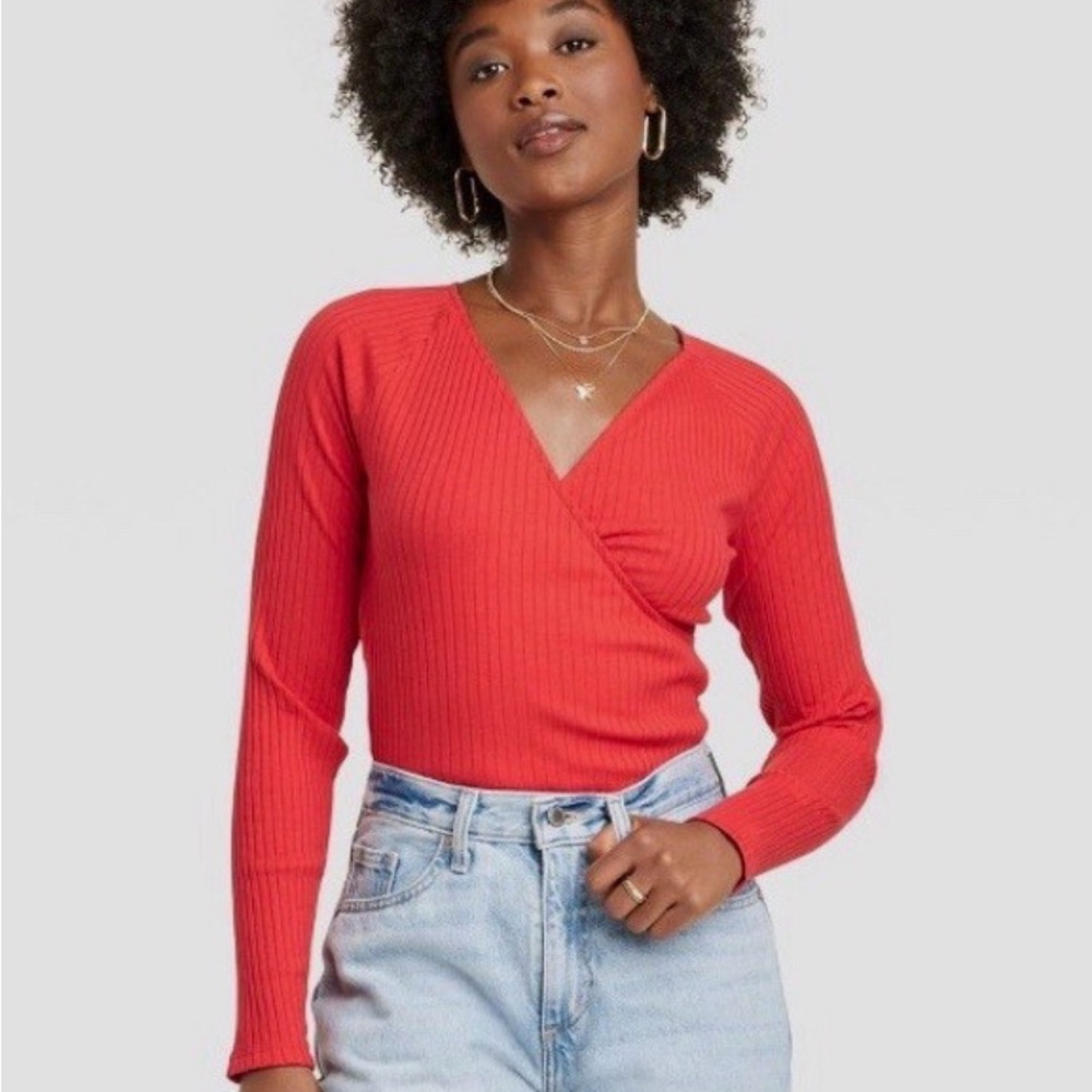 Red Ribbed Wrap Top Size L